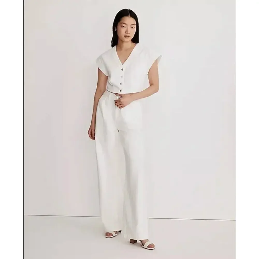Madewell White Cropped V-Neck Button Front Top - Picture 7 of 7